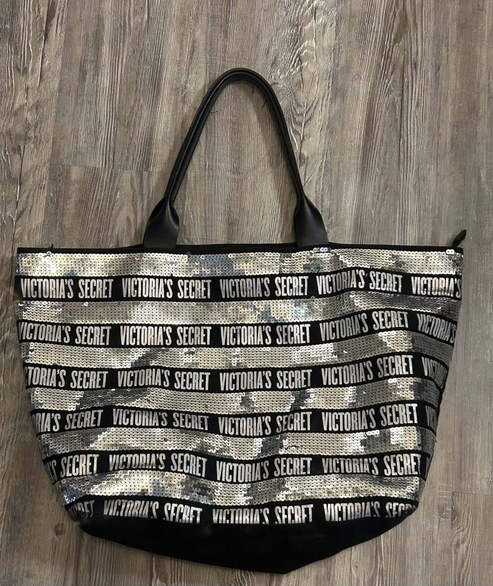 Victoria's Secret Black and Silver Sequin Logo Tote Bag
